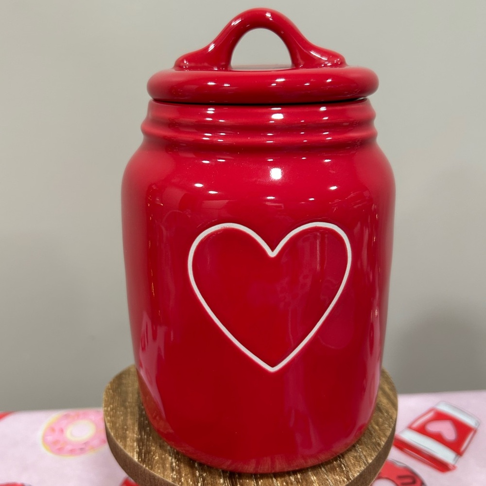 Rae Dunn baby red heart canister. New never used, slim lid, magenta